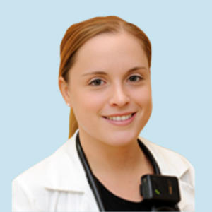 Michèle Racine-Rainville, médecin souriante avec un stéthoscope.